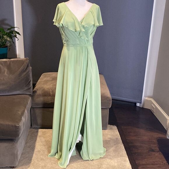 Women’s Full Length Green Chiffon Ruffle Dress Corset Back Leg Slit Size 12 - Picture 3 of 9